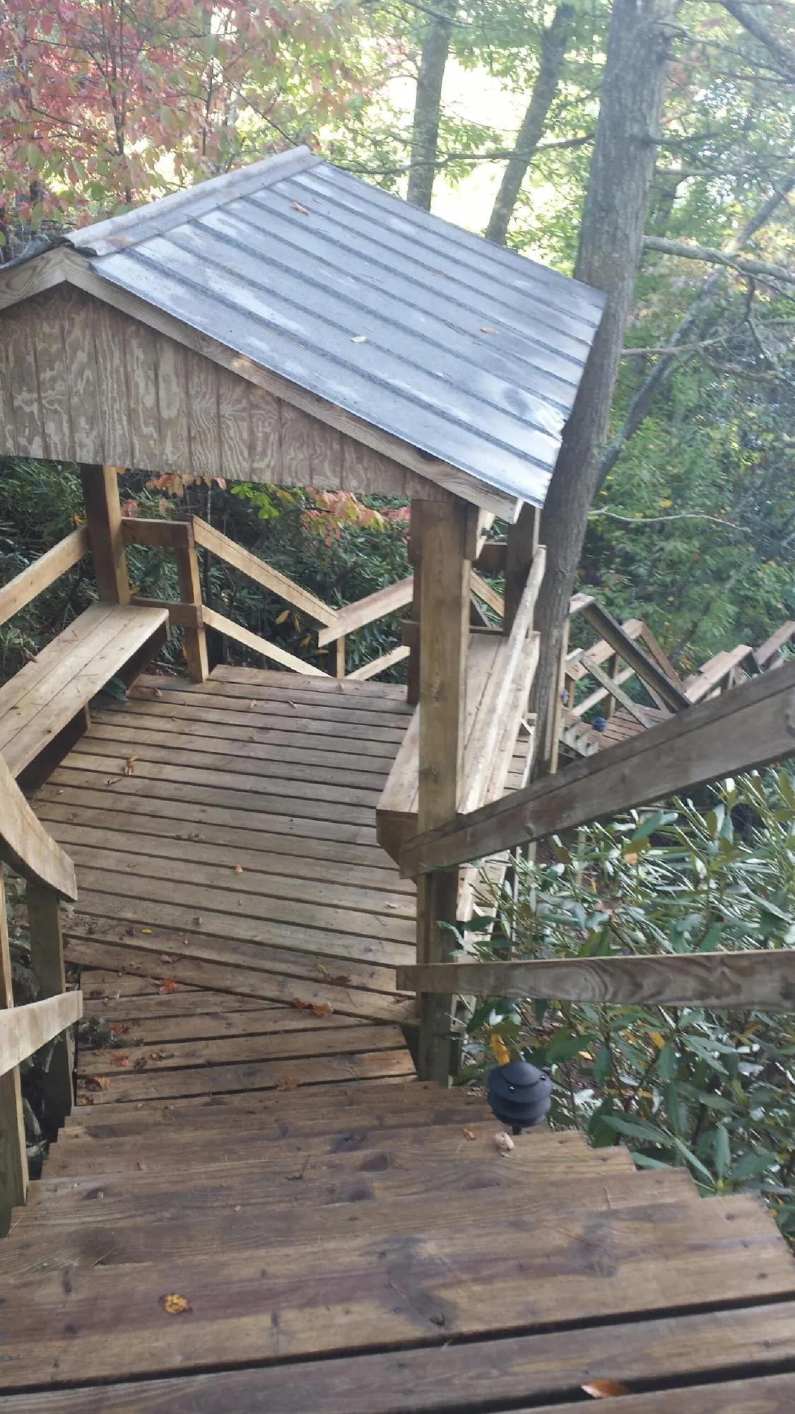 Metal roofed shelter over wooden steps on a wooded walkway — Skylight Repair & Installation work by our crew in Armbrust